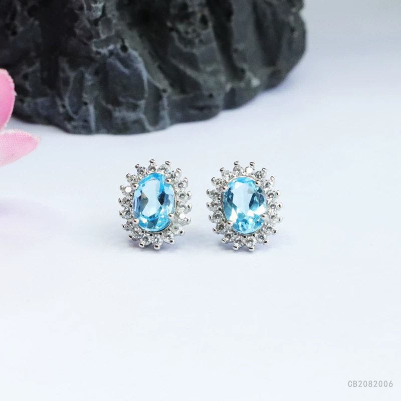 Yuyu S925 silver inlaid natural topaz earrings Caibao earhook Gem Factory Live supply CB2082006
