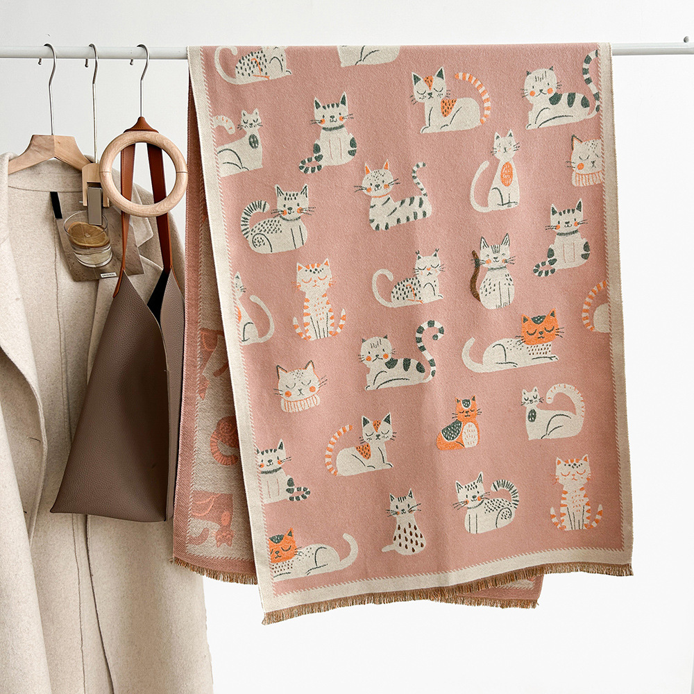 Picture of Cartoon Cute Cat Double-Sided Double-Wearing Imitation Cashmere Women's Winter Thickened Warm Neck Shawl Student Soft