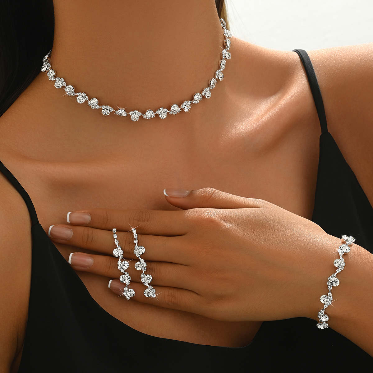 2025 Wedding Jewelry Korean Fashion Bridal Accessories silver Diamond Necklace Earrings Bracelet Ring Four-piece Set