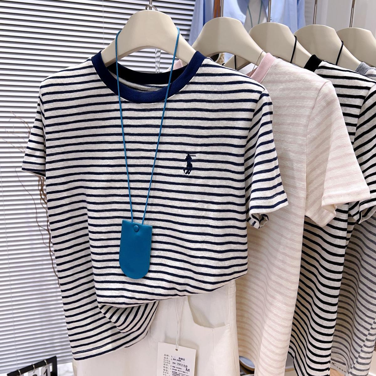 Picture of 2025 Spring and Summer New Contrast Color Striped Small Size Embroidered Short-sleeved T-shirt Women's Korean-style Loose Base Shirt A3422