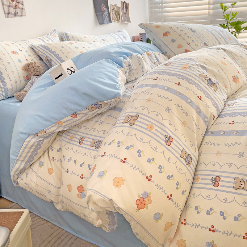 Ins Washed Cotton Four-Piece Dormitory Cartoon Bed Three-Piece Set Class a Small Fresh Pure Cotton Naked Sleeping Bed Sheet Quilt Set
