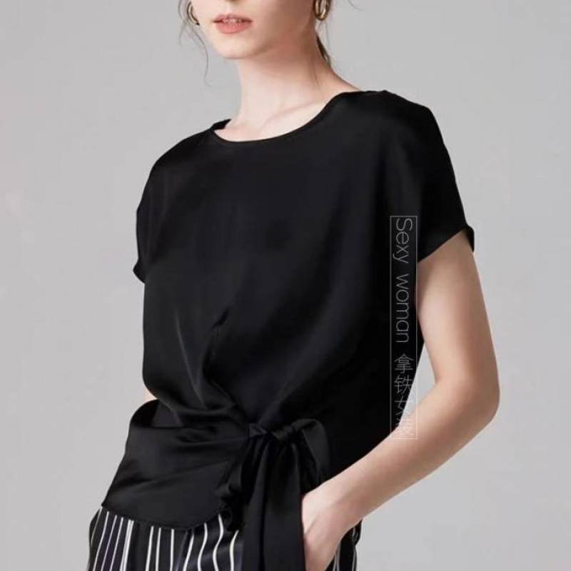 Picture of Tie Bow Design Shirt 2025 Summer Fashion Tight Waist Small Shirt Slimming Short Sleeve Top