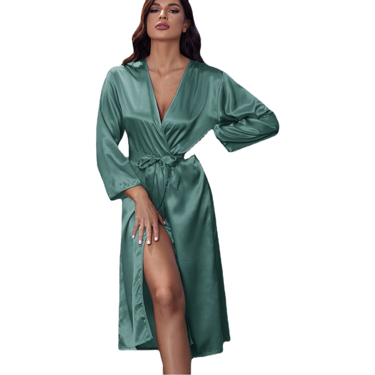 Cross-border Sexy Women's Pajamas Women's Imitation Silk Nightgown Home Clothes Ice Silk Long-sleeved Casual Comfortable Lace-up Bathrobe
