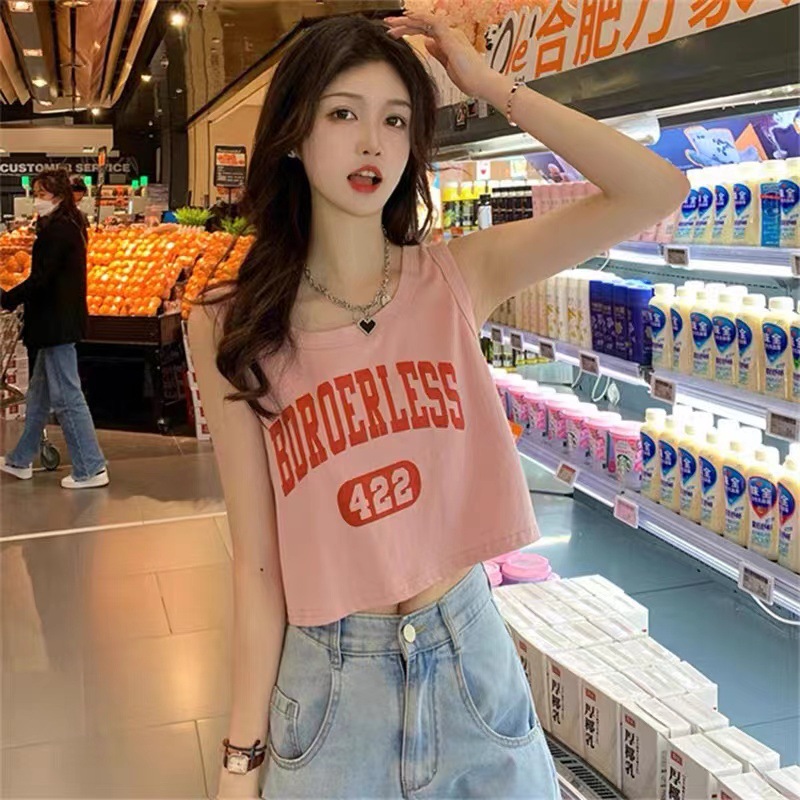 Rose Red Sling Waistle Vest Women's T-shirt Summer Outer Wear Short Slimming Spice Girl Inner Sleeveless Top Small Shirt