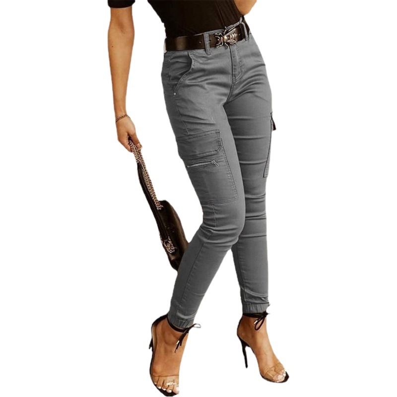 in stock Amazon eBay2022 cross-border European and American women's trousers low waist button solid color pocket toe overalls