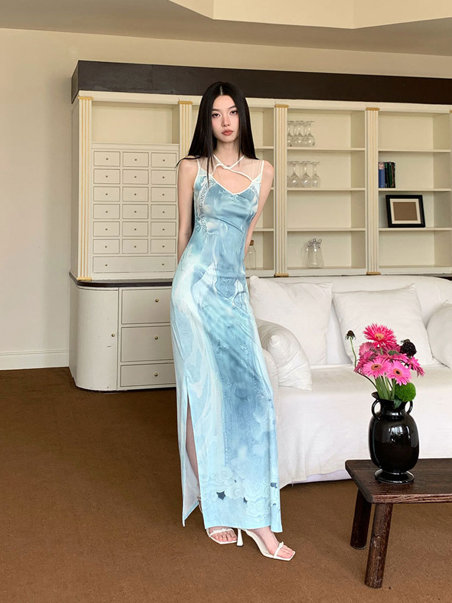 Dress for Women with Niche Design, Cross Flower Mesh Stitching, Hollow Print, Slit, Hot Girl Slimming Long Skirt