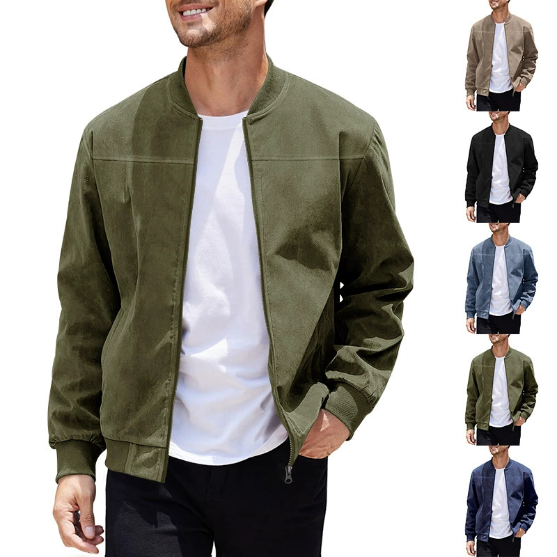 Cross-border Amazon Autumn Suede Solid Color Men's Zipper Jacket Casual Retro Long Sleeve Cardigan Jacket Men