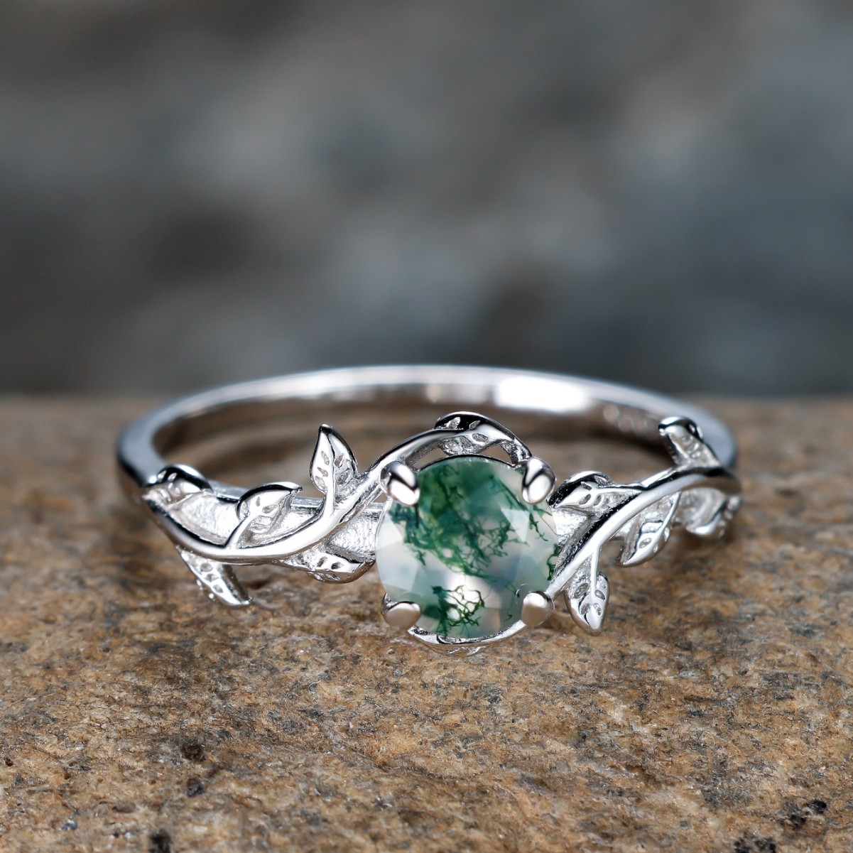 Cross-Border Retro S925 Sterling Silver Round Agate Edge Leaf Four-Claw Ring Fashionable Accessible Luxury High-End Personalized Ring