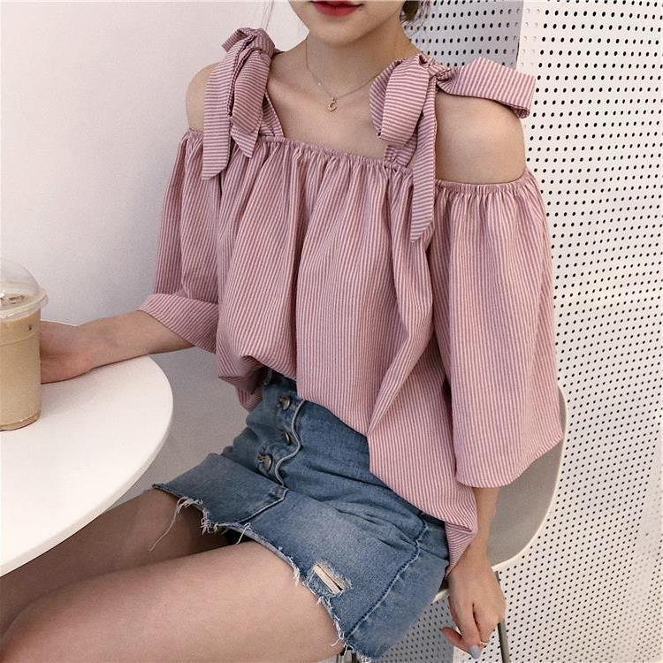 Picture of Spring and Summer 2022 New Korean Striped Shirt Female Student Lace-up Short Sleeve Shirt Loose Shoulder Top Trendy