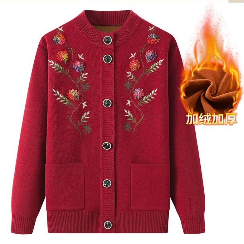 Knitted sweater plus velvet coat women's clothing for the elderly embroidered cardigan mother autumn warm sweater old lady clothing