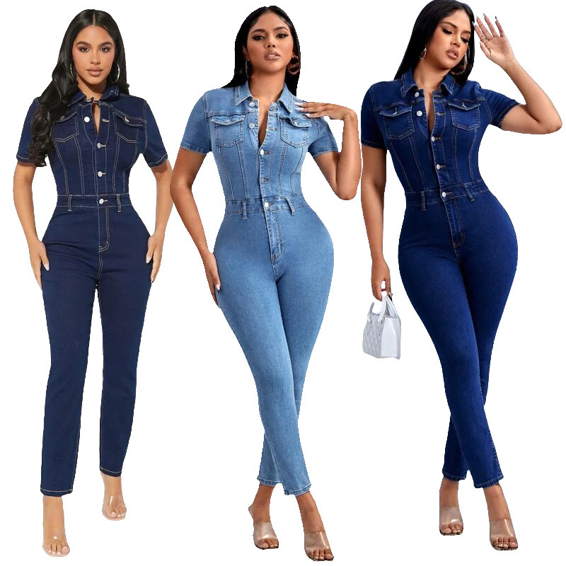 New AliExpress Amazon European and American Sexy Slim-Fit Fashion Tight-Fit Denim Jumpsuit Women's Jeans