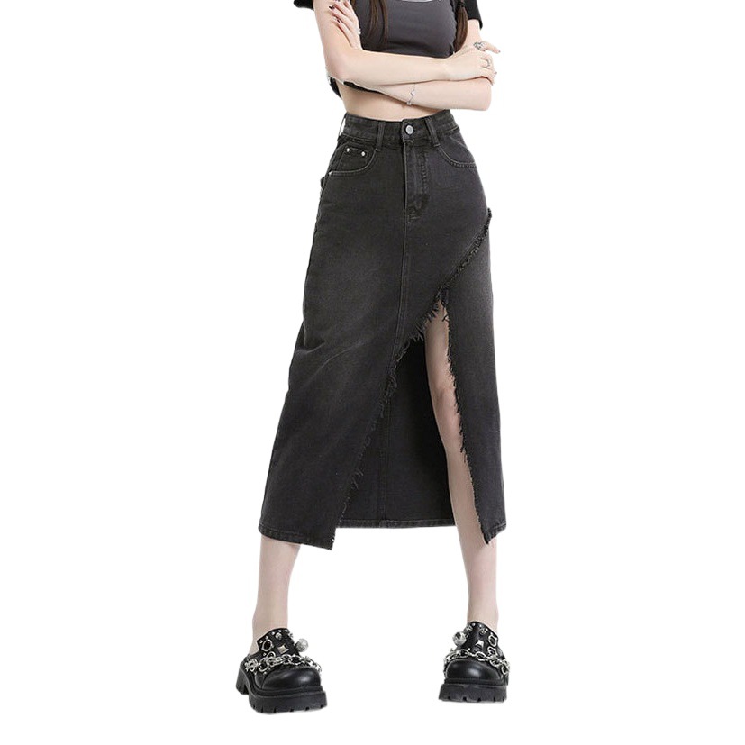 Irregular Slit Denim Skirt Women's ins Trendy Black Grey Niche Mid-Length High Waist A- Line Hip Skirt