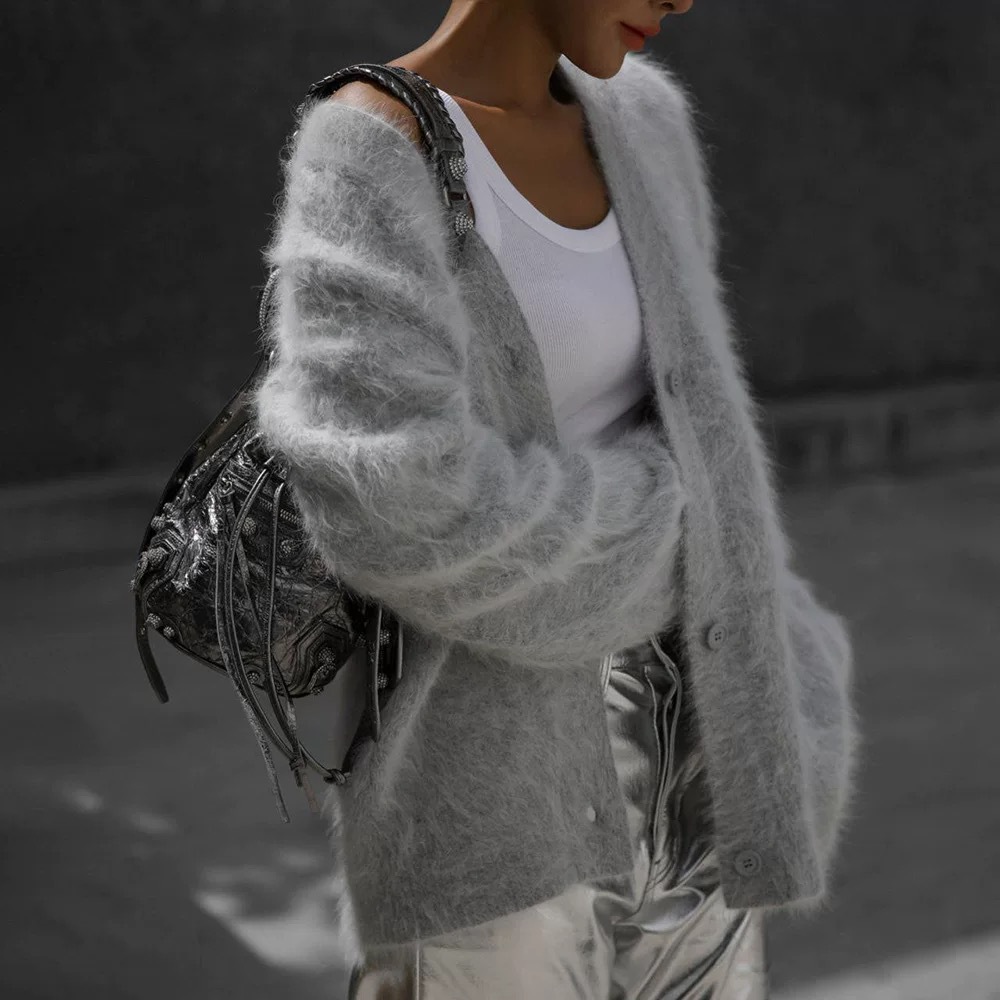 Picture of Autumn and Winter Lazy Loose Long-Sleeved V Neck Imitation Mink Knitted Cardigan Sweater Jacket for Women