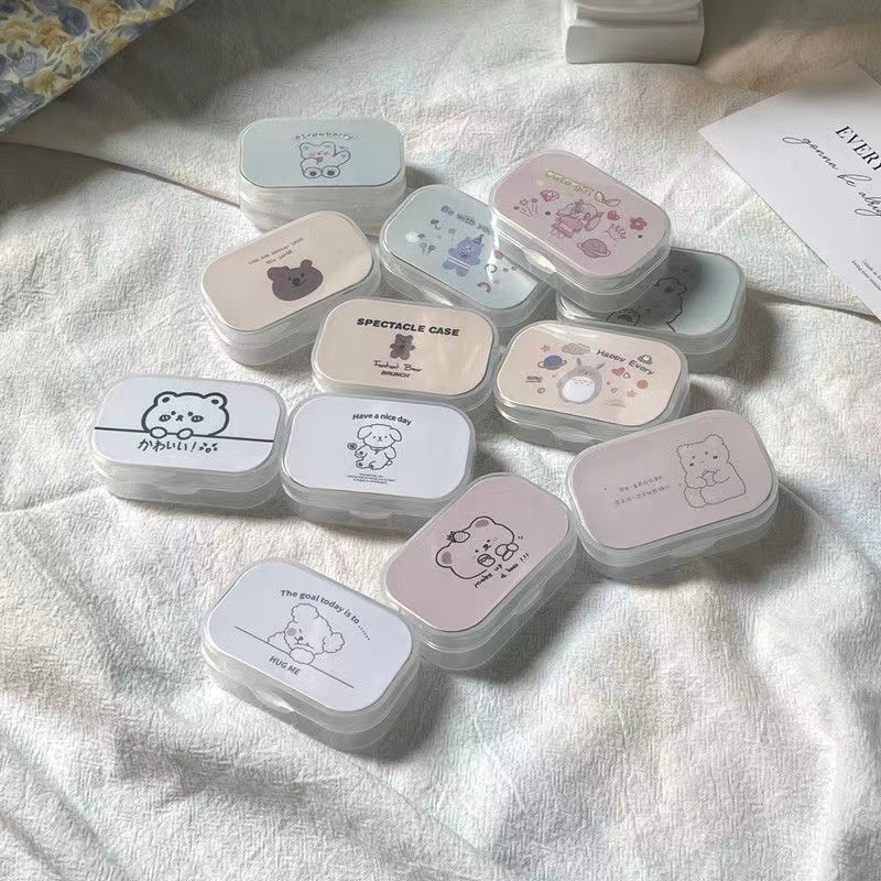 Glasses Storage Ins Beauty Contact Lens Couple Box Nursing Box with Mirror Box Clip Toner Cartoon Cute Mirror Box