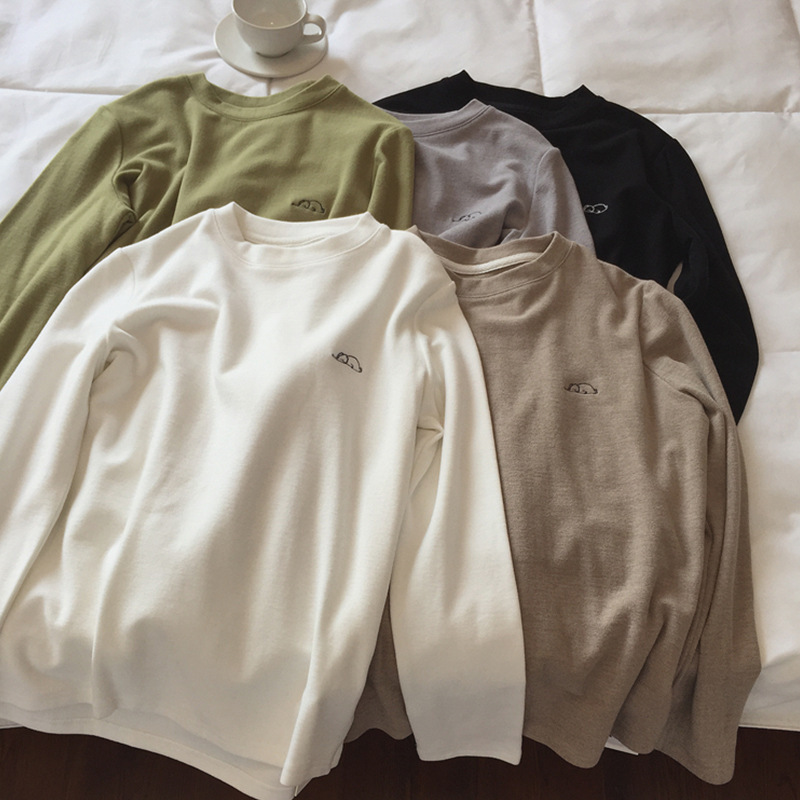 German velvet white bottoming shirt women's autumn and winter new style embroidery long sleeve sanding fleece-lined T-shirt round neck top