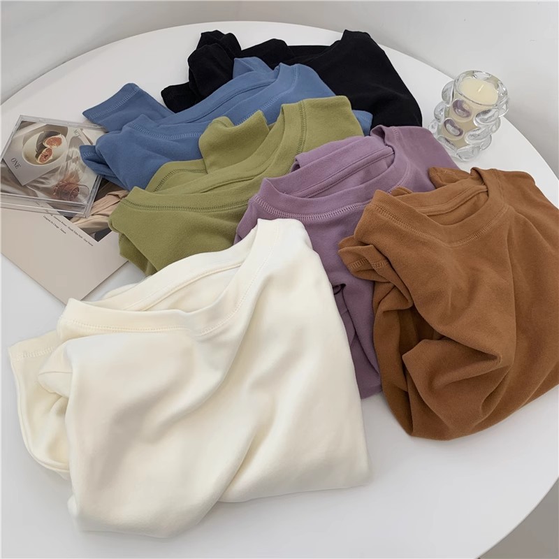Soft Waxy Candy Color Round Neck Velvet Warm Bottoming Autumn and Winter fleece-lined Thickened Inner Top Western Style Long Sleeve T-Shirt for Women