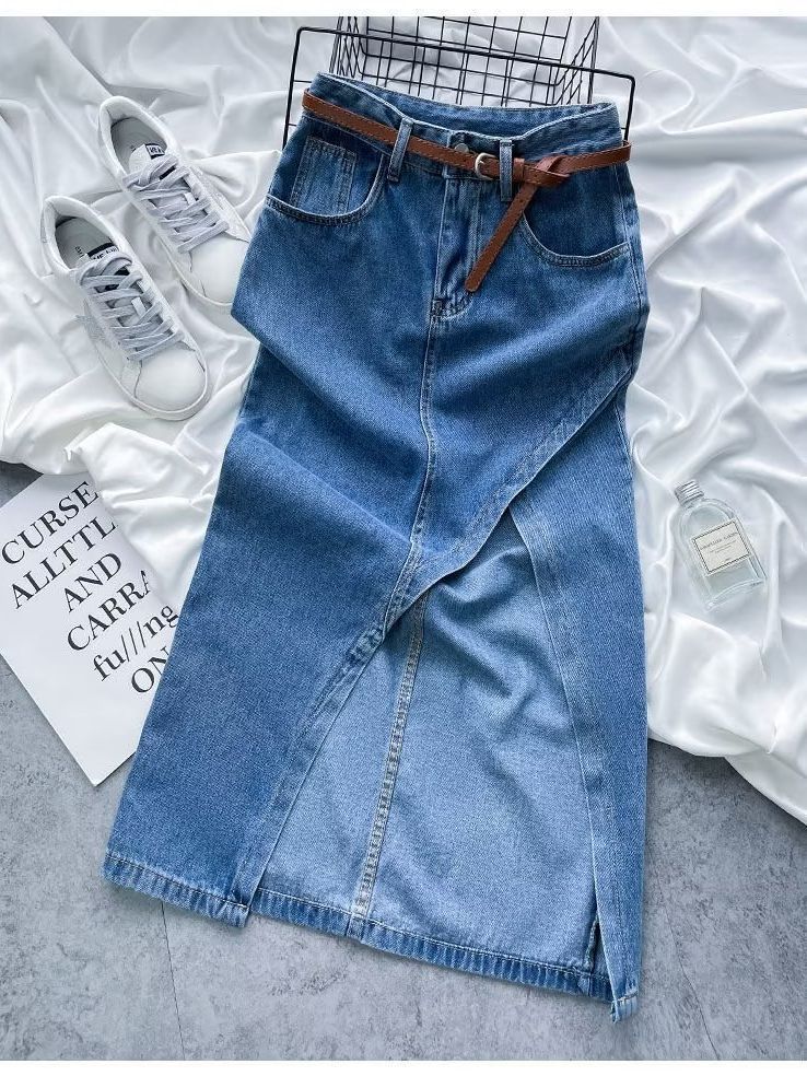 Picture of Blue High Waist Irregular Split Denim Skirt Women's 2023 Summer Slim-fit Slimming Sexy Hip Mid-length Skirt