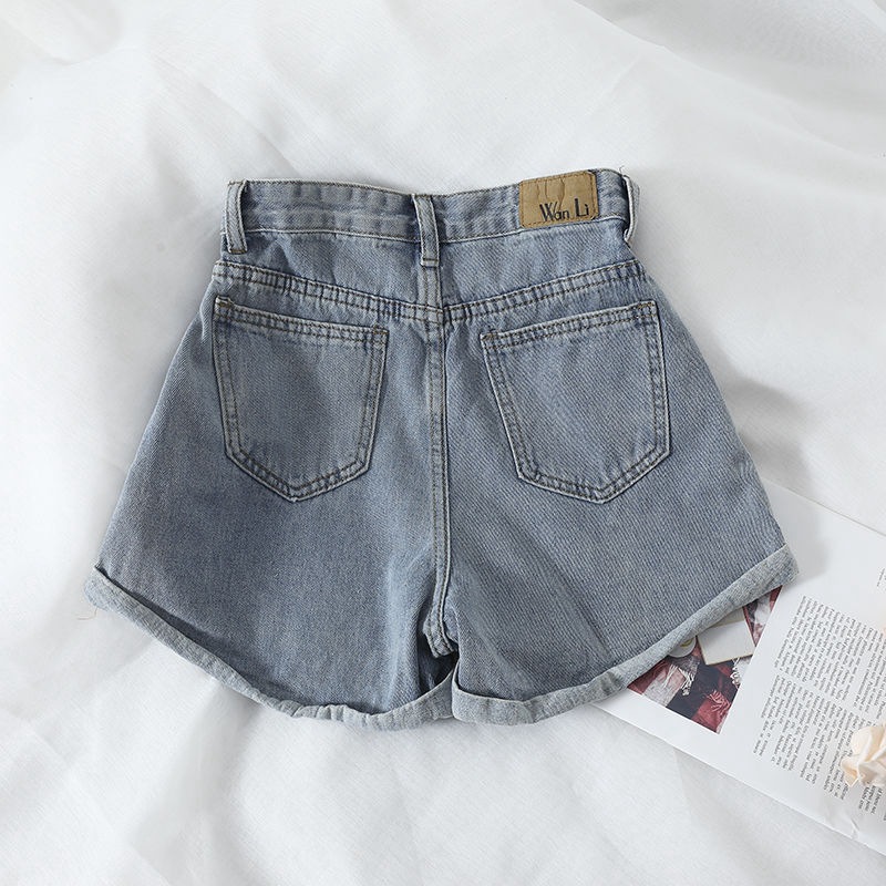 Picture of Elelasticated High Waist Denim Shorts Women's Slim Look Summer 2021 New Korean Style Loose Wide Leg Pants Student Curling Hot Pants Trendy