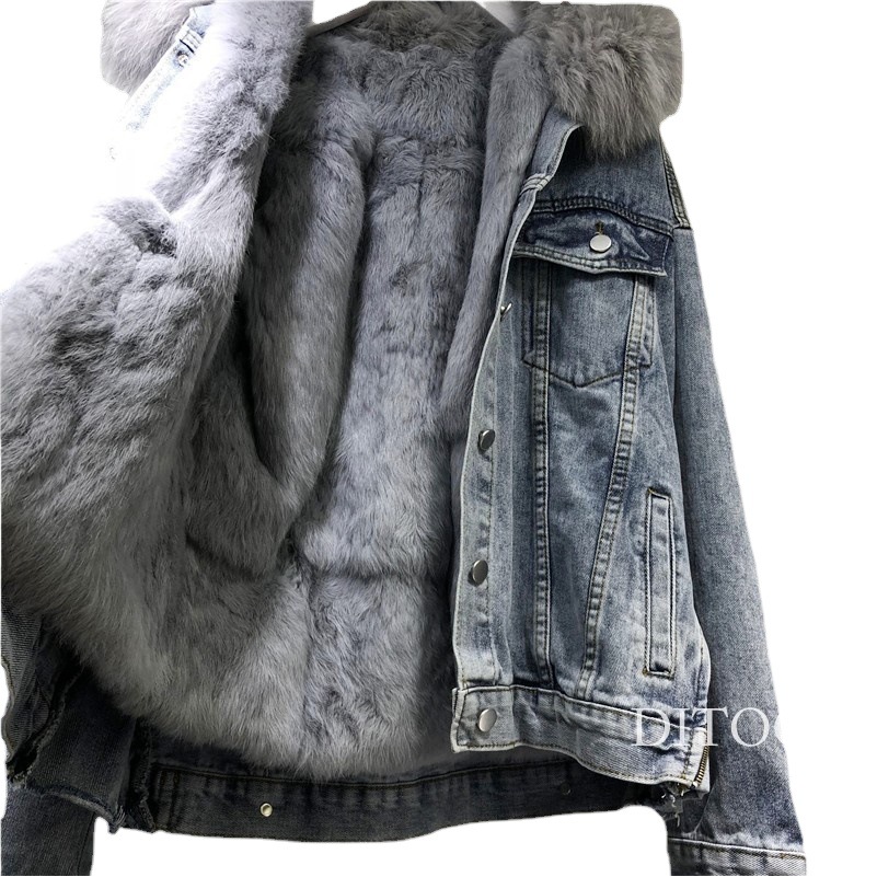 Denim Velvet Coat Women's 2025 Winter New Korean Style Loose Fur Collar Removable Thickened Short Fur Women