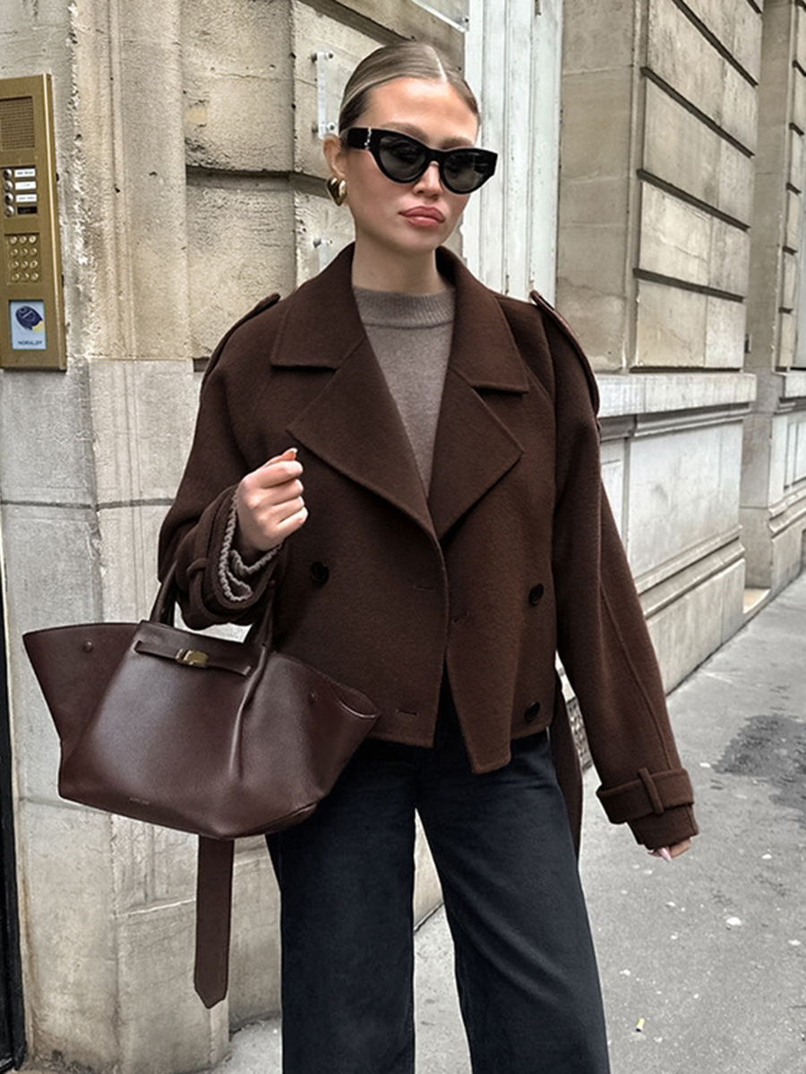 Autumn and Winter French Brown Woolen Coat Women's Commuter Fashion Thickened Double-breasted Woolen Coat Jacket Loose Women's Clothing