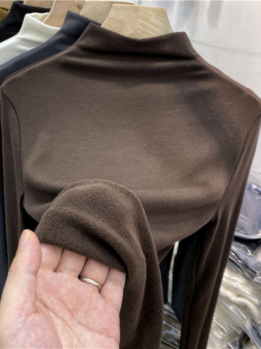 De velvet half turtleneck solid color bottoming shirt women's autumn and winter inner tight mid collar T-shirt fleece-lined brushed top women's clothing