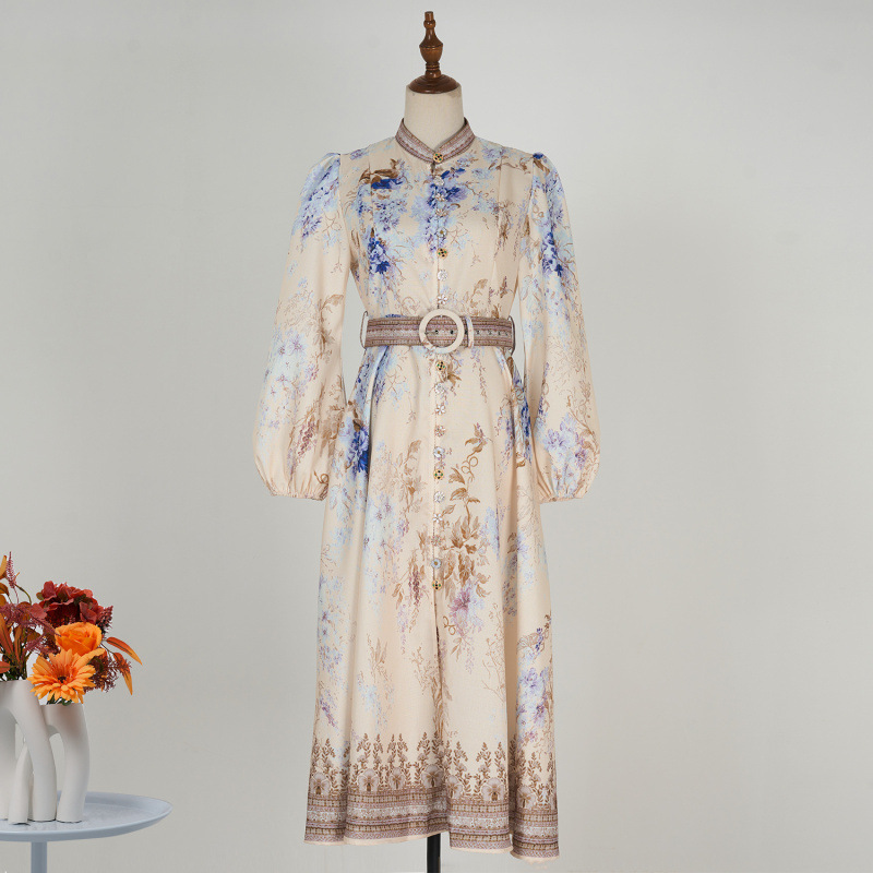 Cross-Border Spot 2025 Australian New Retro Paisley Print Half Turtleneck Long-Sleeved Cotton and Linen Mid-Length Dress
