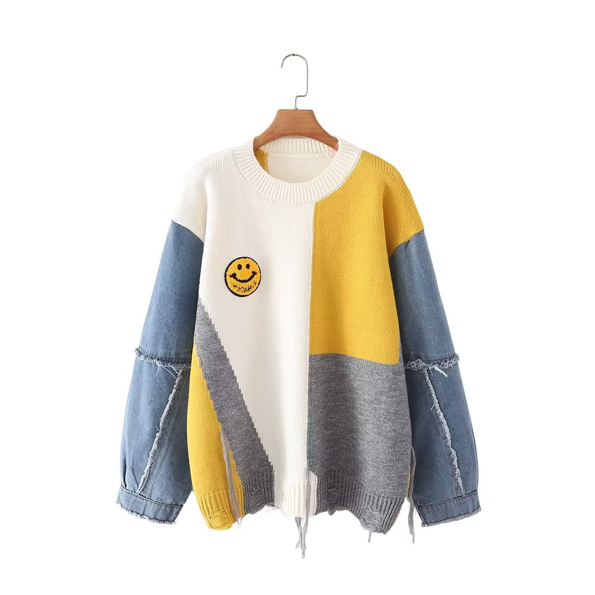 Picture of European and American Cross-Border Amazon Autumn and Winter New Loose Denim Stitching Contrasting Smiley Face Round Neck Long-Sleeved Sweater Pullover