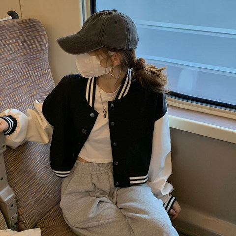 Autumn and Winter short baseball uniform long sleeve single-breasted coat women's clothing new small American high street ins generation hair