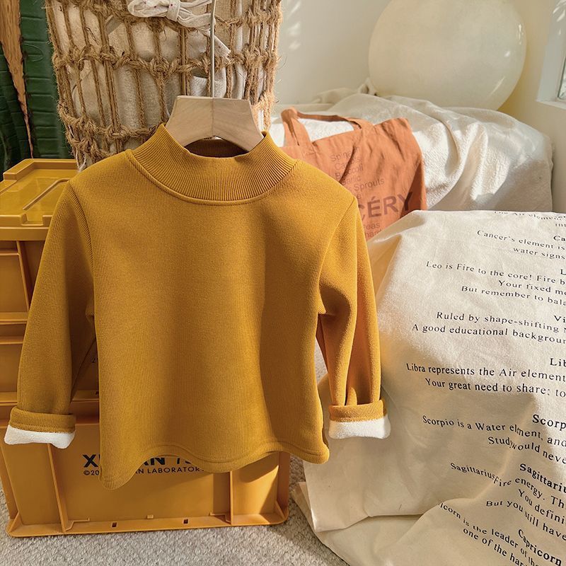 Picture of children's fleece-lined half turtleneck bottoming shirt autumn and winter Korean style men's and women's one-piece velvet warm top