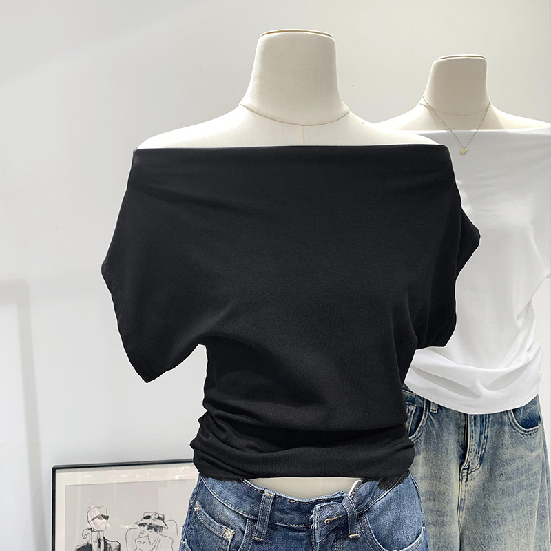 Real picture off-shoulder swing collar short sleeve T-shirt women's summer 2024 new short waist pleated foreign style card waist top