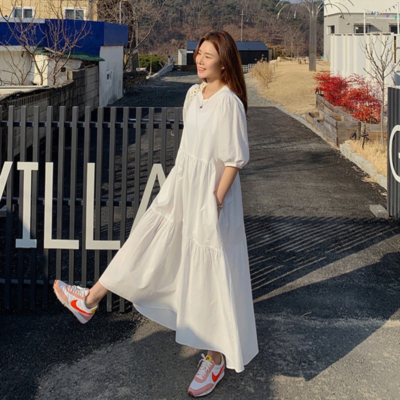 Picture of Korean Loose White Dress for Women Plus Size Elegant Lady Mid-Sleeve A-Line Fairy Skirt Long Skirt Cross-Border Wholesale