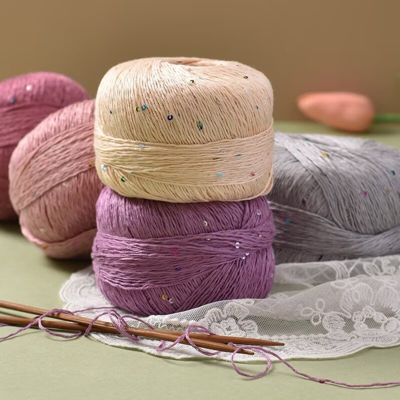 Wholesale colorful sequined silk cotton No. 6 lace thread 100g group hand-woven hook knitted thin shirt short sleeve thread