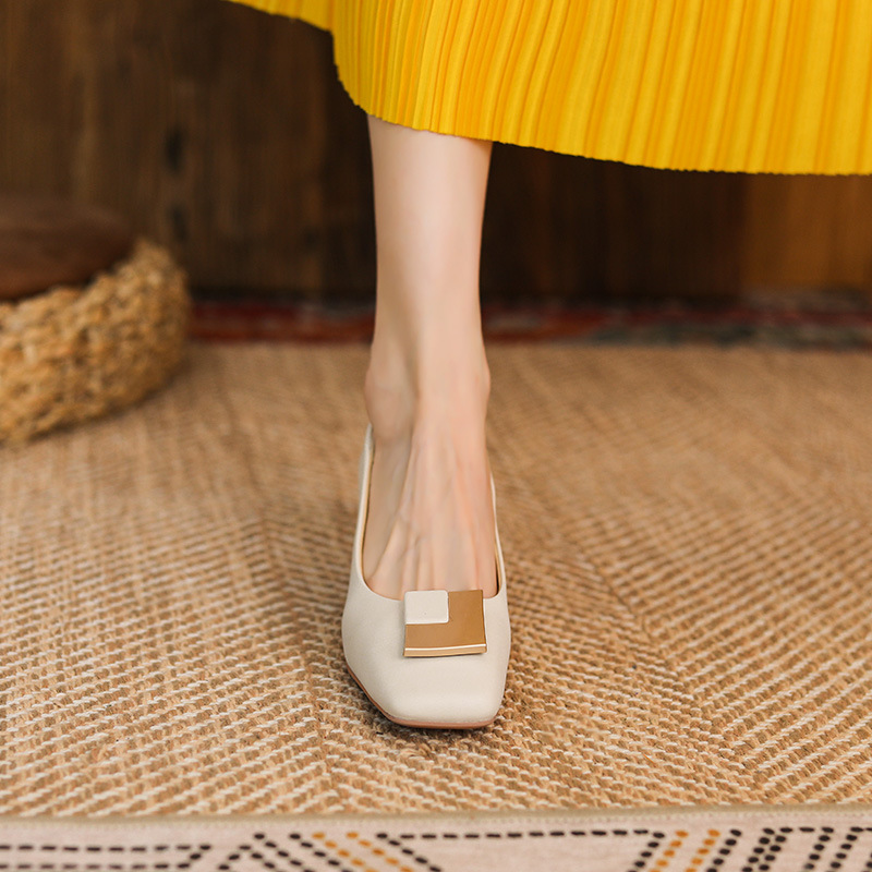 Picture of 332-6 Sheepskin Square Buckle Chunky Mid-Heel High Heels Women's Square-Toe Granny Shoes Soft Leather 5cm Metal Elements