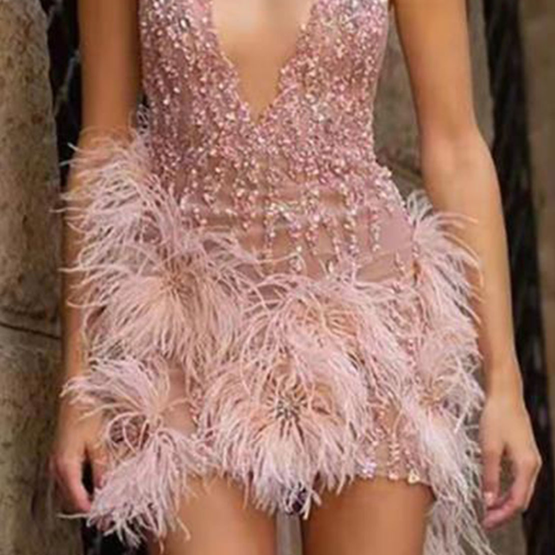 Picture of 2025 European and American Clothing Wish Export Supply Feather Suspender Skirt Deep V Neck Sexy Nightclub Party Dress