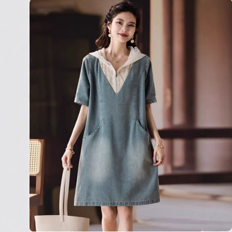 Denim Dress for Women 2025 Summer New Mid-Length Short-Sleeved Casual Waist Slimming Look Skirt Trendy Picture Color