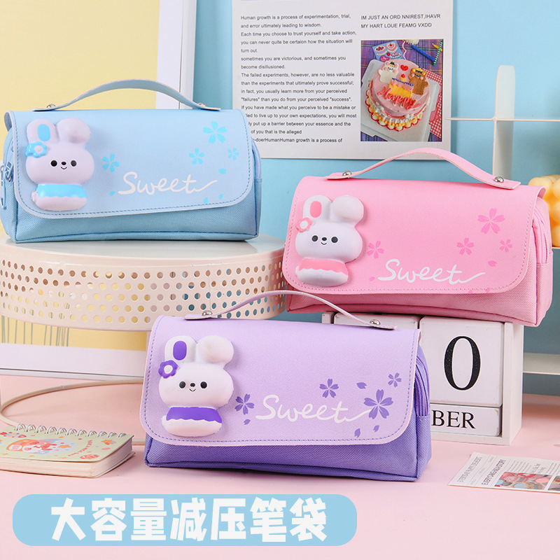 Decompression canvas pencil case cherry blossom rabbit pencil case elementary school girl heart pencil case three-layer canvas fresh stationery bag