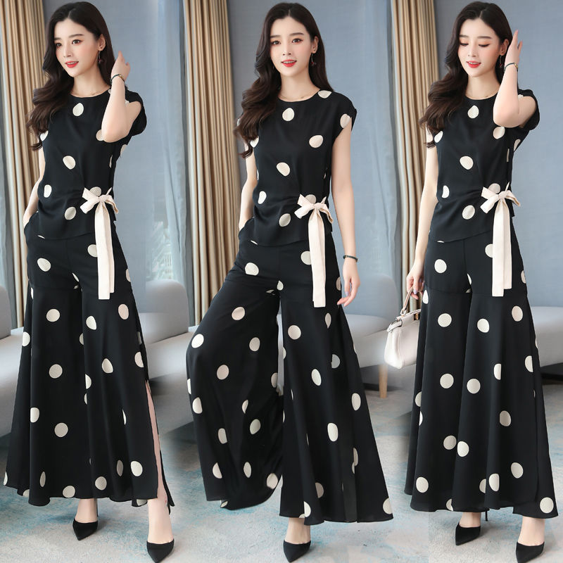 Picture of Chiffon Wide-Leg Pants Fashion Suit for Women 2024 Summer New Style Cool Royal Sister Style Age-Reducing Polka Dot Two-Piece Set