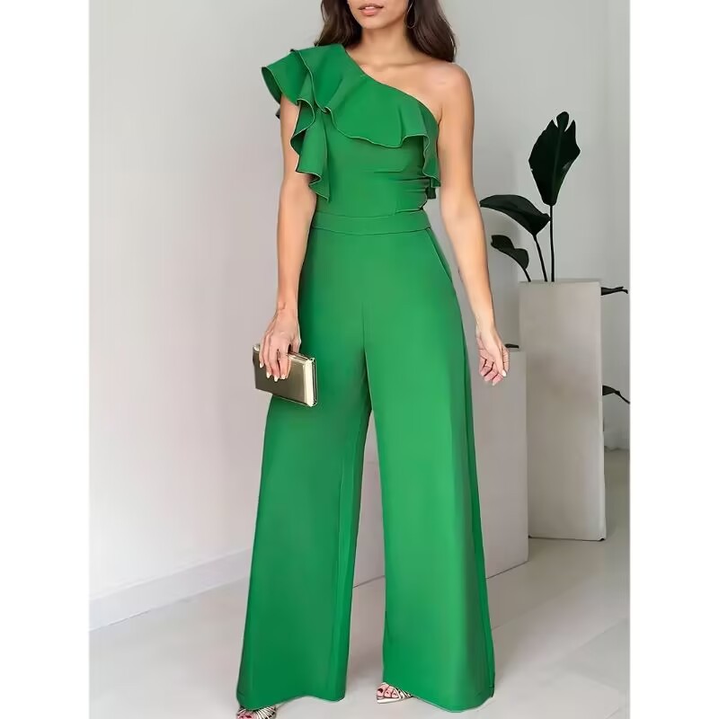 2024 Europe and the United States cross-border e-commerce factory supply ruffled single shoulder high waist loose straight elegant elegant jumpsuit