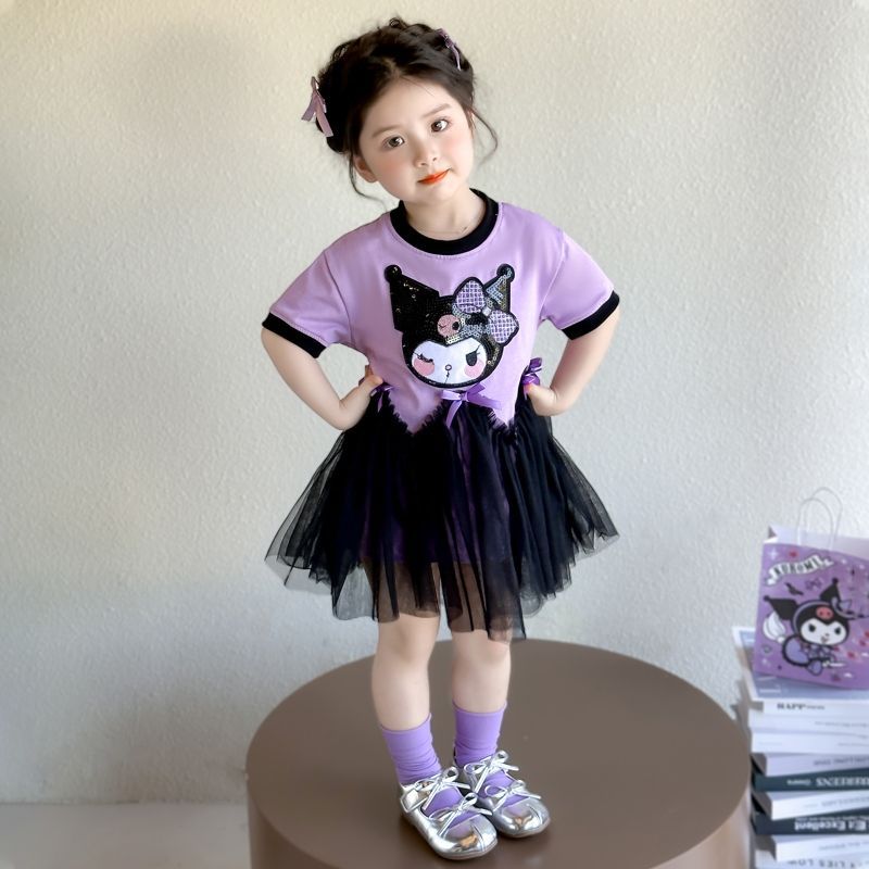 Girls' Korean Style Cartoon Casual T-Shirt Dress Children's Summer New Style Mesh Casual Kulomi Mesh dress