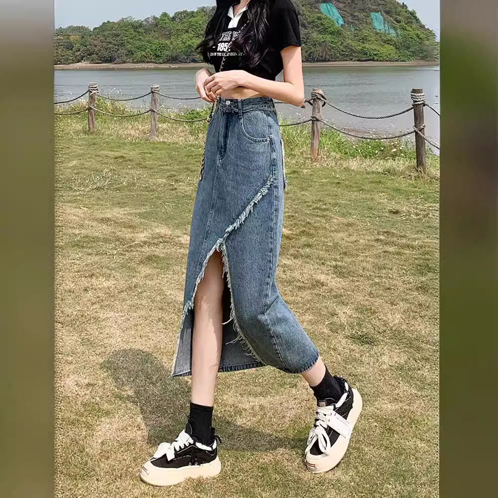 Summer Retro Denim Skirt Women's Irregular Split Design Sense Rust High Waist Slim A- line Mid-length Skirt