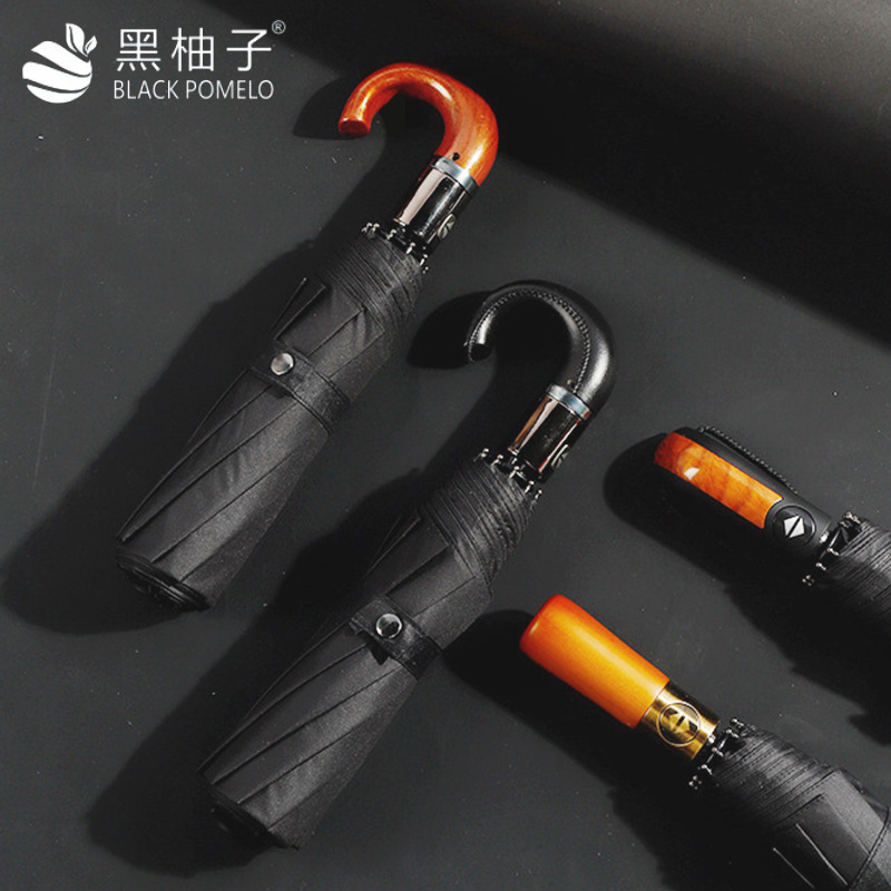 Picture of 10 bone automatic umbrella self-opening opaque black rubber sunscreen sun umbrella curved handle three-fold umbrella advertising logo