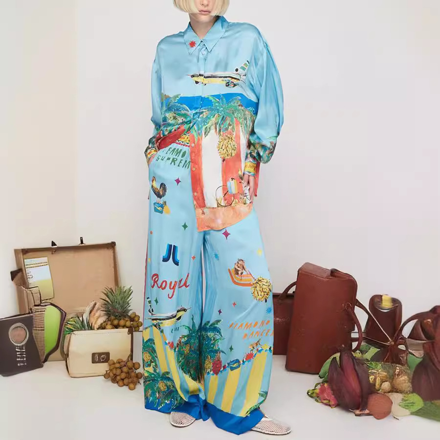 Two pieces for women classic original hot season suit printed shirt pocket loose trousers