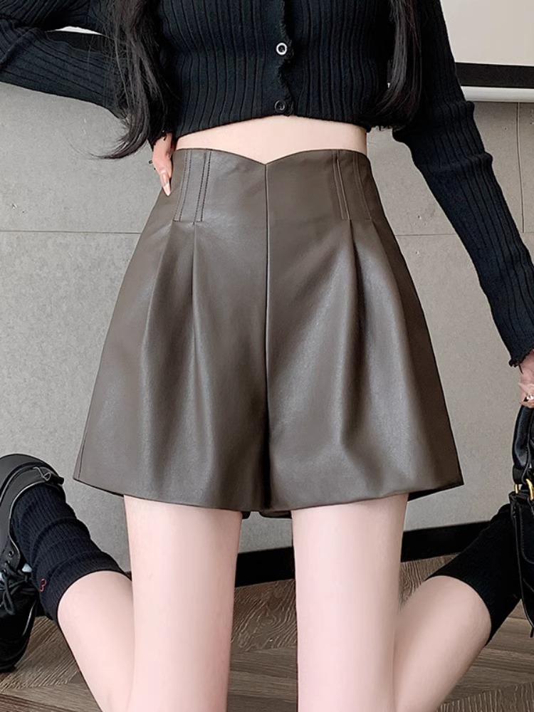 pu leather high waist wide leg casual short pants outer boot pants 2024 autumn and winter new ladies small thick spring