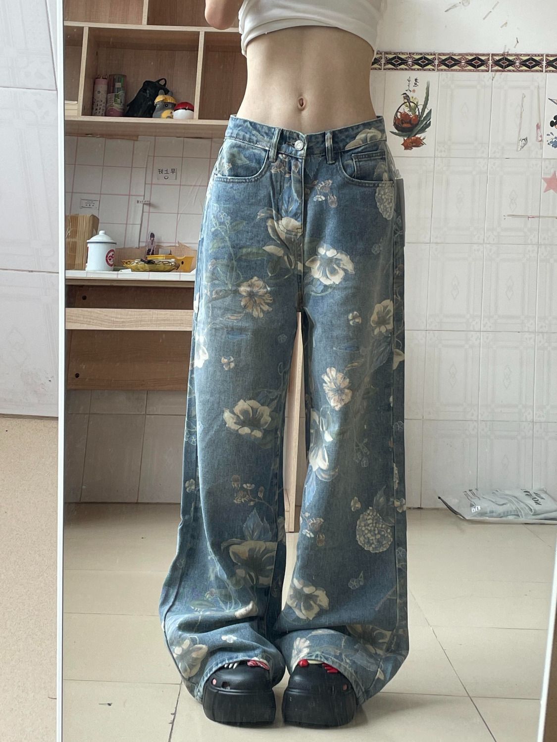 Simple Style High-end Design Sense Printed Straight Jeans Women's Autumn New Loose All-match Wide-leg Pants