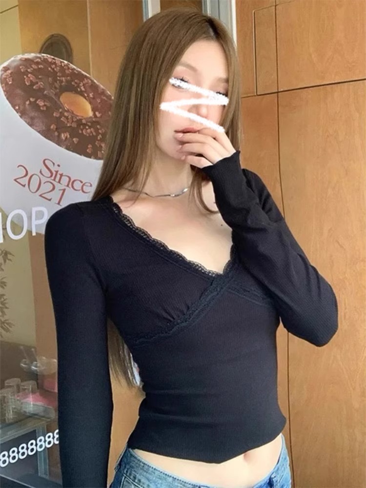 Niche Design Sexy Pure Desire V-Neck Lace Long-Sleeved T-Shirt Women's Slim-Fit Slimming Base Shirt Inner Top