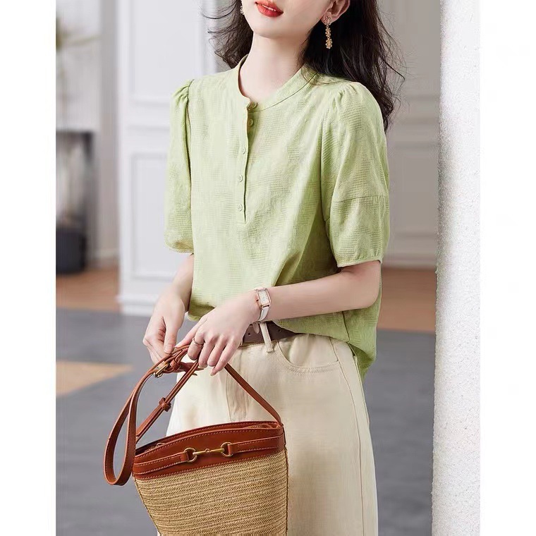 Half cardigan round neck short sleeve shirt for women 2024 Summer new retro artistic temperament commuter solid color casual top