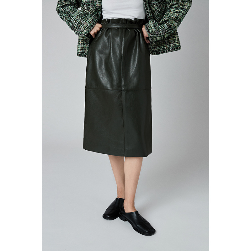 Autumn Classic Lace-up Temperament Commuter Split Line Pu Protein Fog Face Imitation Leather Skirt Skirt Women's Mid-length Skirt