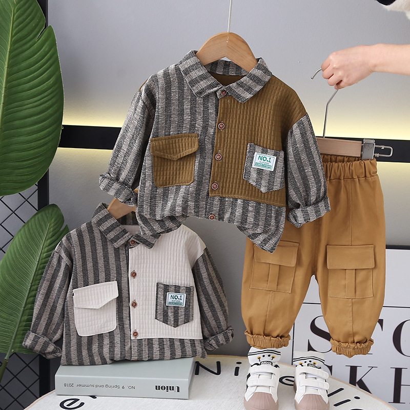 Korean style boys' spring clothes suit Spring and Autumn New Western style fried street infant vertical bar letter logo two-piece suit fashion