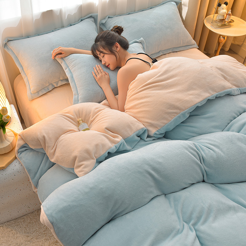 Picture of Category a Maternal and Infant Grade Milk Velvet Four-Piece Set, Warm and Thickeneded Coral Velvet Fleece-Lined Bed Sheets, Fitted Bed Sheets, Quilt Cover, Three-Piece Set