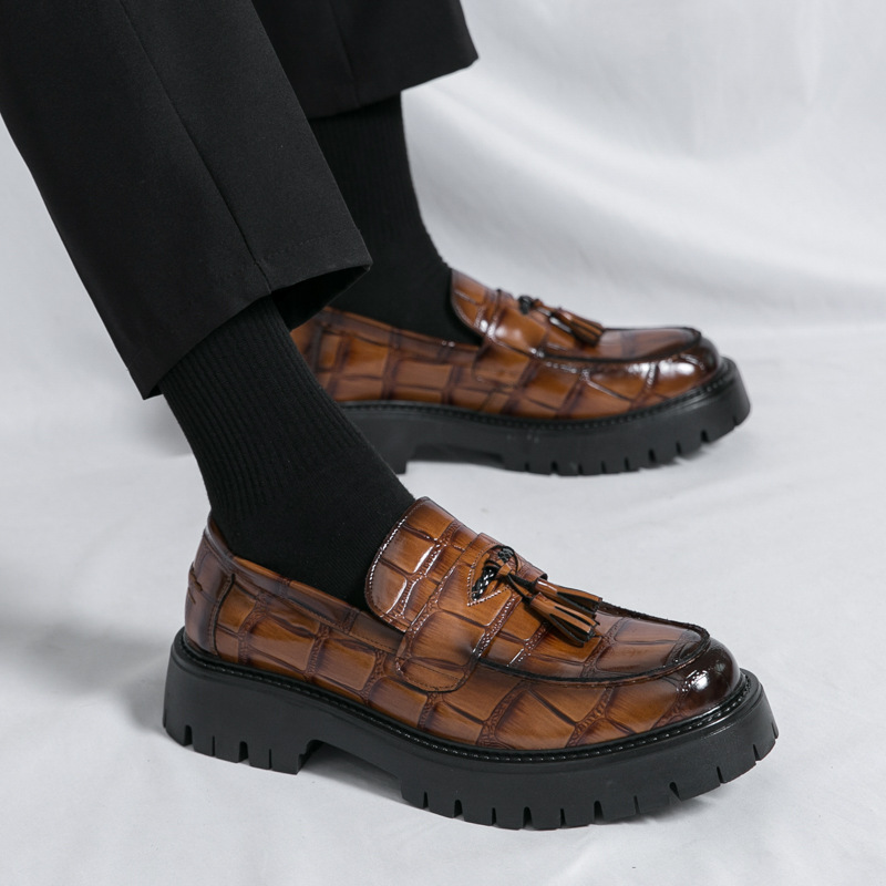 Cross-Border Large Size 2025 British Style Business Low-Top Leather Shoes, Fashionable and Versatile Thick-Soled Leather Shoes, Slip-On Shoes, Height-Increasing Men's Shoes